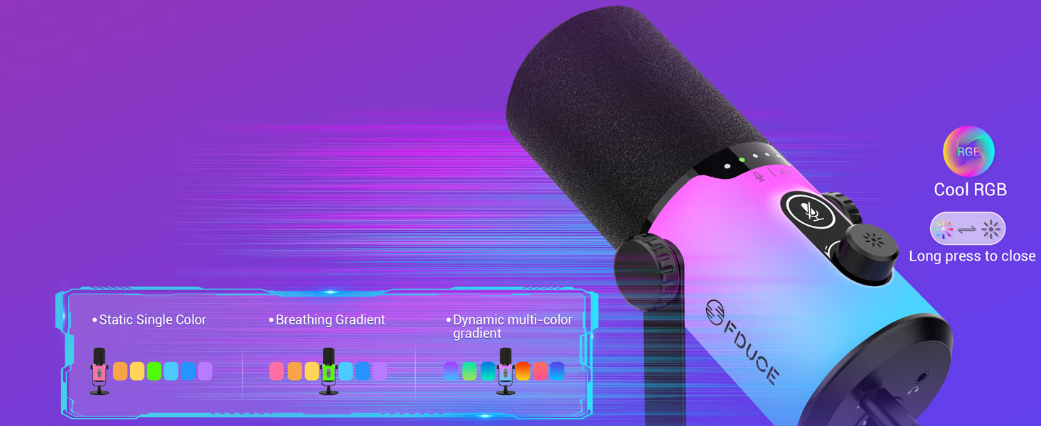 USB/XLR мікрофон для геймінгу та запису голосу FDUCE з RGB підсвічуванням, регулятором посилення та навушником.