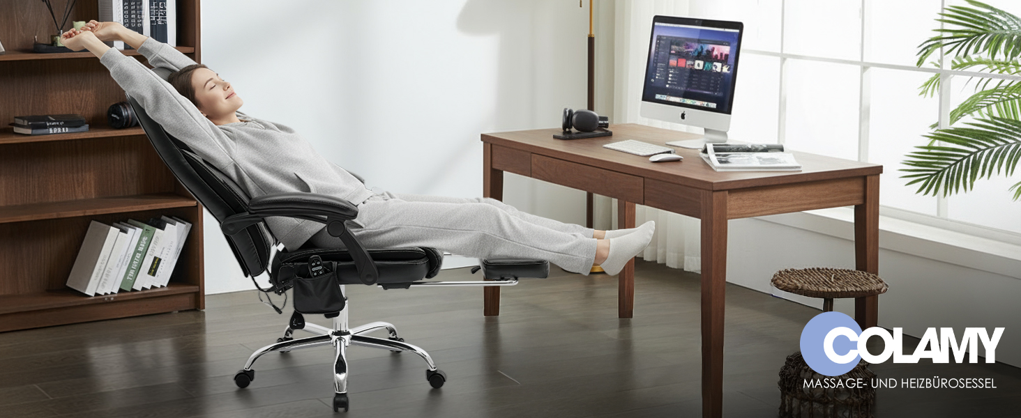 Крісло офісне шкіряне з масажем та підігрівом, регульоване, з підніжкою - для офісу та дому, чорне