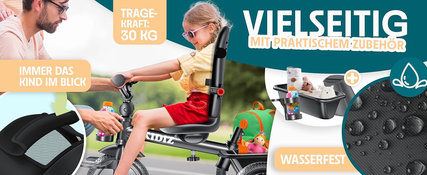 Дитячий триколісний велосипед KIDIZ 6-в-1: з ручкою, кошиком, сонцезахисним дахом, до 25 кг, сірий