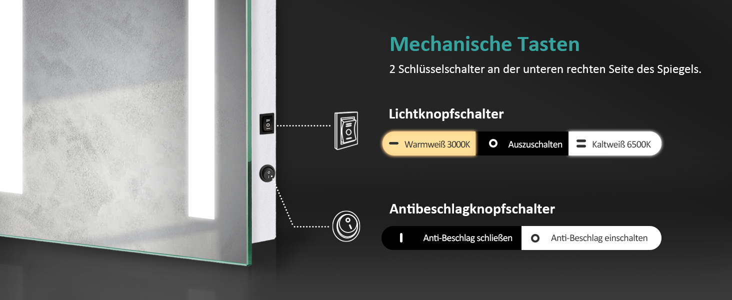 Дзеркало для ванної кімнати EMKE з підсвічуванням 60x80 см, 2 кольори світла, антизапарник, вимикач-кришка, IP44, енергозберігаюче LED, 60L x 80B см