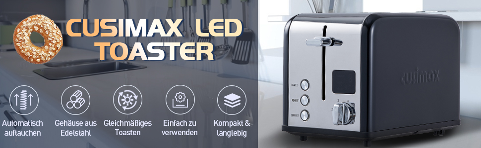 Тостер CUSIMAX на 2 скибки, нержавіюча сталь, LED-дисплей, широкі отвори, 6 режимів обсмаження, функції скасування, підігріву та розморожування, чорний