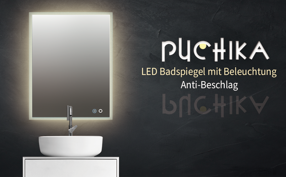 Дзеркало для ванної кімнати Puchika з підсвіткою LED, 50x70 см, регульоване, 3 колірні температури (3000-6400K), IP44, без запотівання, сенсорне керування