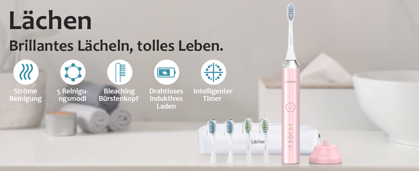 Електрична звукова зубна щітка Läschen, 5 режимів, з чохлом для подорожей, 4 насадки, USB-зарядка на 60 днів, таймер, IPX7 водонепроникність, рожева