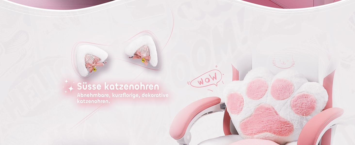 Ігровий крісло MEENICE Pink Katze з підголовником у вигляді лапки кота та вушками, з підніжкою, ергономічний ПК стілець для дітей та дорослих, рожево-білий, 200 кг