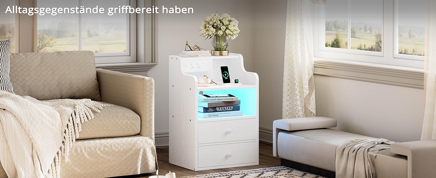 Нічний столик IRONCK з LED-підсвіткою, розеткою та функцією зарядки, з ящиками, білий.