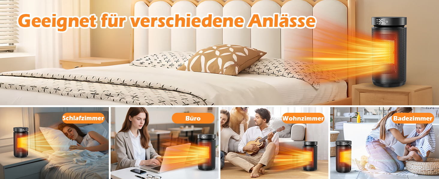 Електричний обігрівач 1500W з PTC керамічним нагрівачем, тихий (34 dB), з термостатом, таймером (12 год) та захистом від перегріву та перекидання. З пультом керування, чорний.