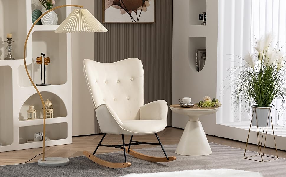 Крісло-гойдалка Cosy Meuble: стильне крісло для вітальні, спальні, балкону. Зручне, з підлокітниками, оббивка з бежевого велюру, до 120 кг, на дерев'яних колінах.