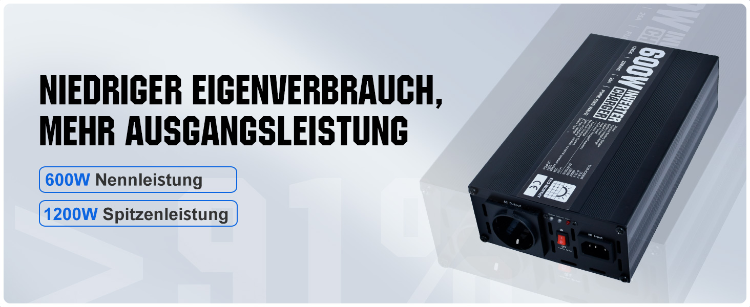 Інверторний зарядний пристрій потужністю 600 Вт від 12 В до 230 В, інвертор із чистою синусоїдою та зарядний пристрій 25 А LifePO4 2-в-1 для автофургонів, причепів, автофургонів, будинків і човнів