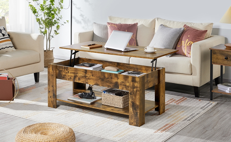 Журнальний столик Yaheetech з регульованою висотою та прихованим місцем для зберігання, колір: іржавий коричневий (120 x 59 x (49,5-63,5) см)