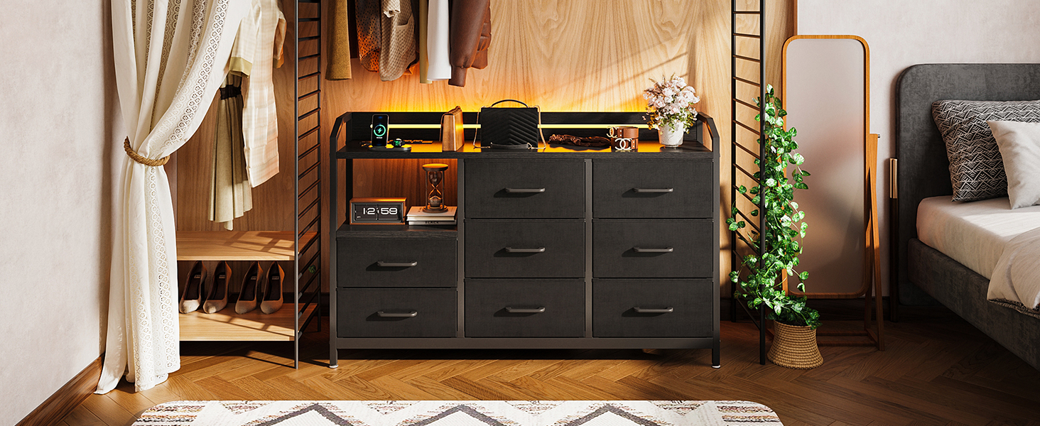 Комод ODK з висувними ящиками та LED-підсвіткою, 10 кольорів, 2 USB та 2 AC розетки, 8 тканинних ящиків, для вітальні та спальні, 110x30x88 см (Чорний)