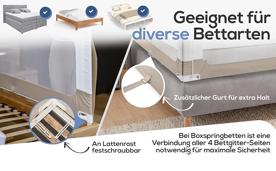 Захисний бортик для ліжка BEANBUDS® 200 см, бежевий - захист від випадання для дитячого та батьківського ліжка, з ременями для кріплення (1 сторона)