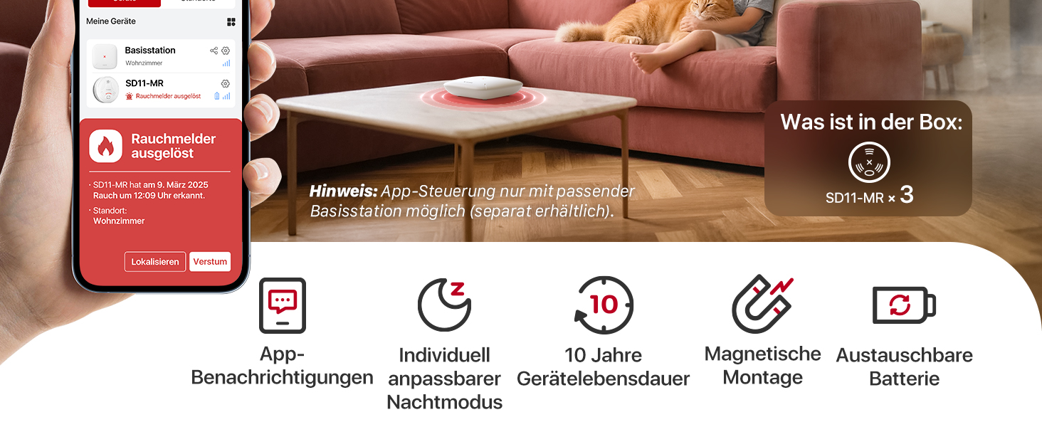 X-Sense Розумний димовий датчик з Wi-Fi, на магнітному кріпленні, сертифікований EN 14604, мережевий датчик, керування через додаток, з базою SBS50, 6 шт.