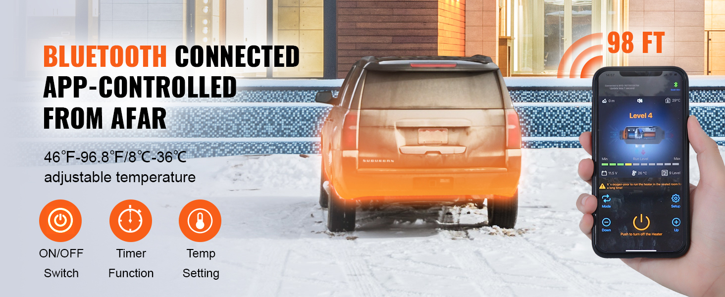 Автономний дизельний опалювач VEVOR 12V 5kW з LCD-дисплеєм, пультом дистанційного керування та Bluetooth, 0.16-0.52 л/год, помаранчевий