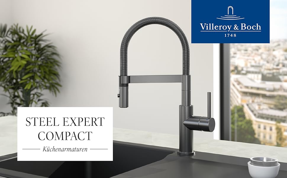 Змішувач кухонний Villeroy & Boch Steel Expert Compact, нержавіюча сталь, поворотний вилив, економія води, висота 143 мм