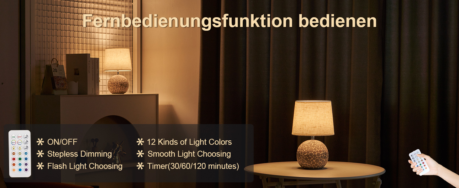 EGOBASIC LED-лампа настільна керамічна акумуляторна з пультом, бездротова, з таймером, регульована яскравість, 12 кольорів RGB, для вітальні, спальні, їдальні (вінтажний цоколь)