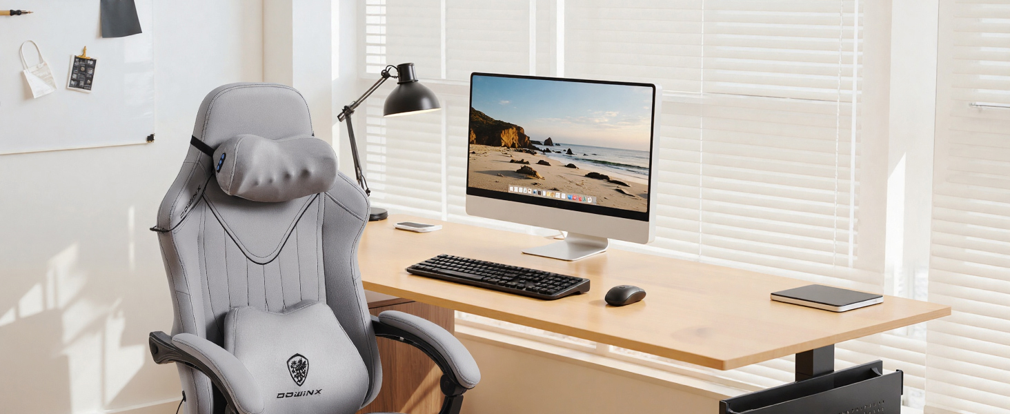 Ігровий крісло Dowinx з масажем, ергономічний дизайн, підтримка попереку та шиї, до 135 кг, шкіра, чорний (сірий), для дорослих