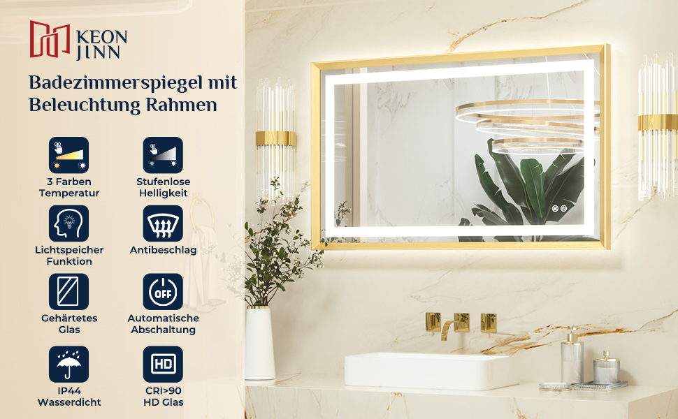 Дзеркало для ванної кімнати Keonjinn з підсвічуванням, 50x70 см, золотий металевий каркас, LED, сенсорне управління, 3 кольори світла, диммування, без запотівання, пам'ять налаштувань