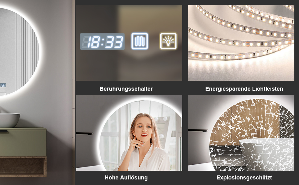 Дзеркало для ванної кімнати Bellanny LED з підсвічуванням 60 см | Настінне дзеркало для макіяжу, косметичне дзеркало | Дзеркало для макіяжу з сенсорним вимикачем, 3 кольори світла, регулювання яскравості, проти запотівання, IP44, кругле, горизонтальне/вертикальне