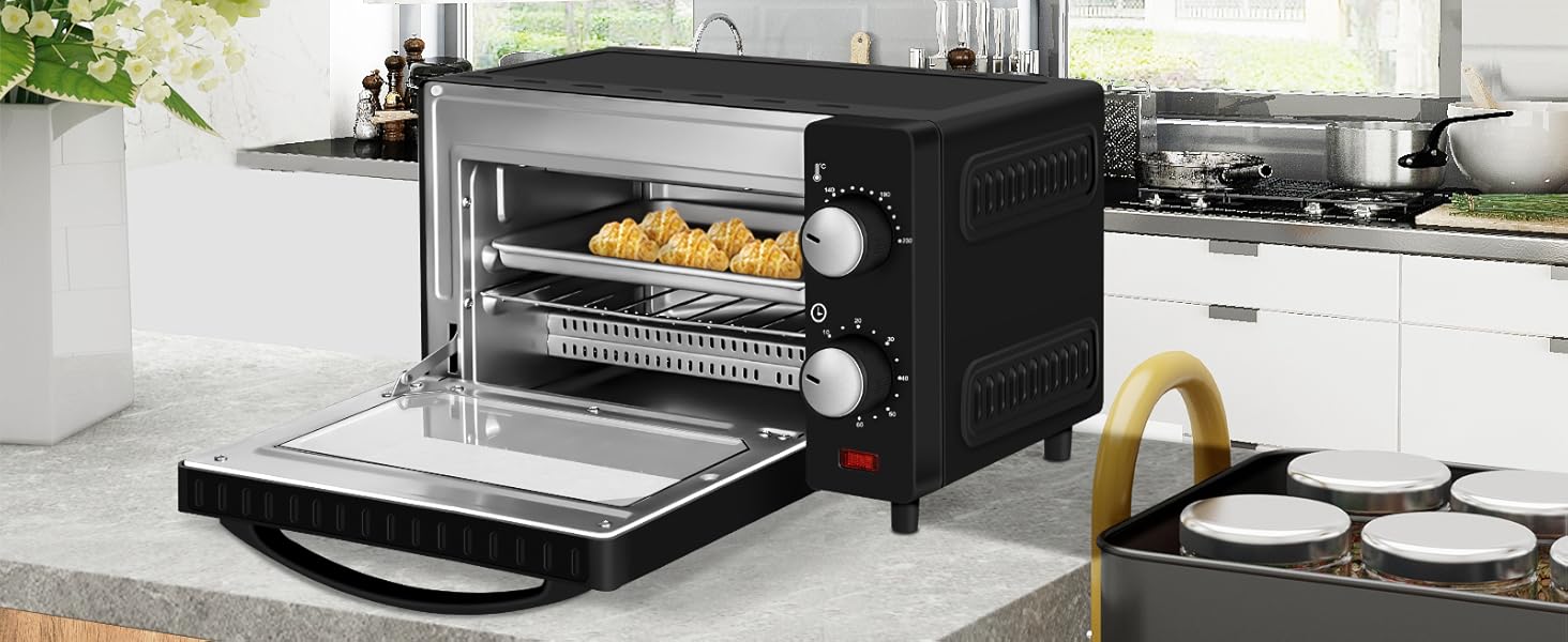 Міні-піч Wannyton 10L: піч для піци, випічки та хліба, 650W, 100-230°C, таймер, решітка, деко, чорний