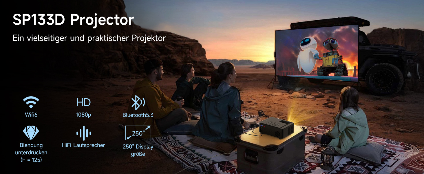 Проектор Beamer для домашнього кінотеатру з Wi-Fi 6 та Bluetooth 5.3, 1080P, 50% Zoom, HDMI/AV/Laptop/iPhone, для використання на вулиці, чорний