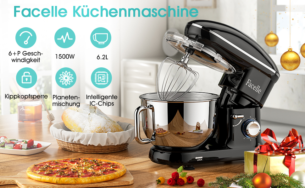 Кухонна машина Facelle 1500W з нержавіючою чашею 6.2 л, 6 швидкостей, комплект насадок (чорна)