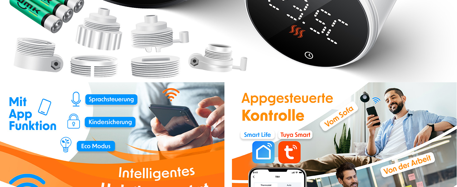 KESSER® WiFi термостат на радіатор опалення з керуванням через додаток Smart Home | Комплект з 6 вентилів для опалення, сумісний з Alexa та Google Assistant | Економія енергії та коштів, білий