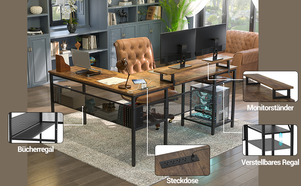 L-подібний ігровий стіл, 141x117x76 см, з полицею, для дому, офісу, навчання, ігор (Рустикальний коричневий)