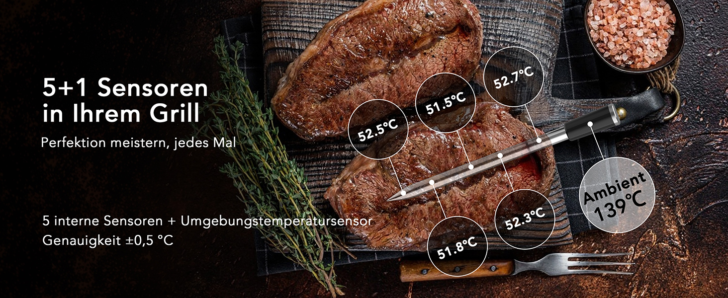 Термометр для м'яса BFOUR WiFi з Bluetooth, 6 сенсорів, з App-керуванням, бездротовий, для гриля та запікання