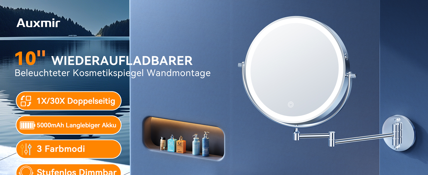 Дзеркало для макіяжу Auxmir з підсвічуванням, перезаряджуване, 3200mAh, для гоління, настінне, з регулюванням яскравості, 3 кольори світла, 360° обертання, для ванної кімнати (срібний, 30X, 10 дюймів)
