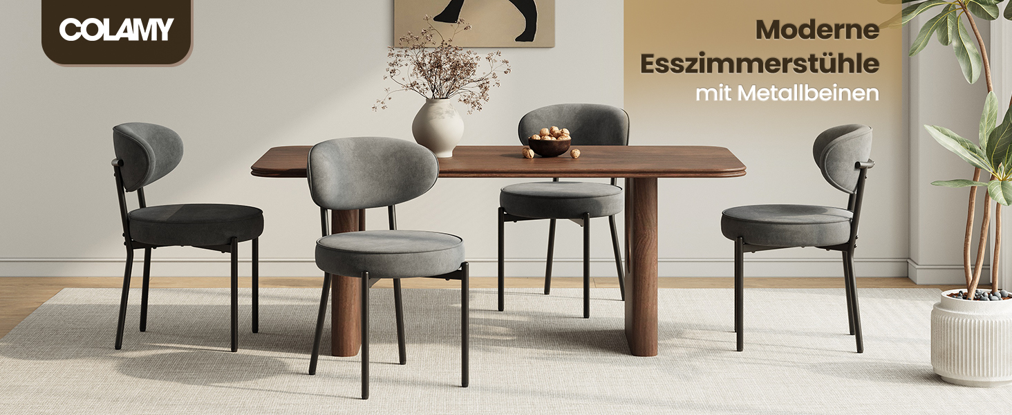 Обідні стільці COLAMY з м'яким сидінням 10 см – Сучасні стільці з плюшевої тканини Teddy, з міцним металевим каркасом – Для кухні та вітальні, Білий (Сірий, 2 шт.)