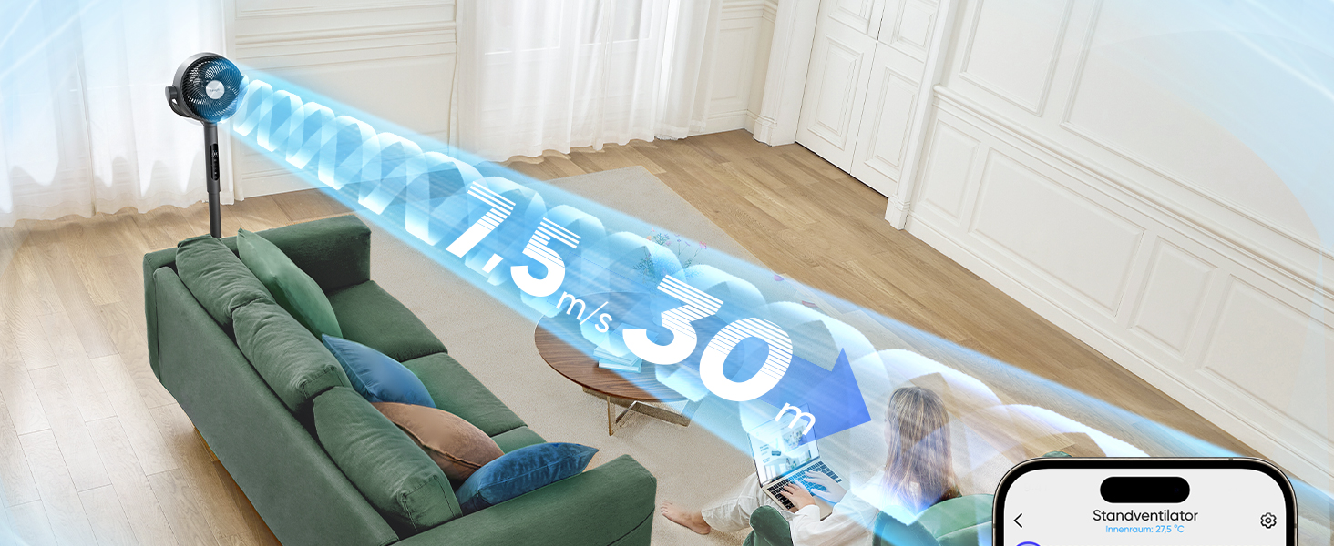 Вентилятор Levoit з DC мотором, тихий (20dB), дальність обдування 30м, 2465 м³/год, з пультом керування, 4 режими, 12 швидкостей, таймер 12 годин, білий (Smart, сірий)