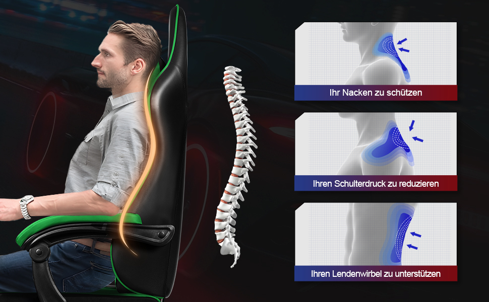 Ігровий крісло, офісне ергономічне крісло з телескопічною підніжкою, підголівник та поперекова підтримка, регульоване та поворотне, 150 кг, зелений