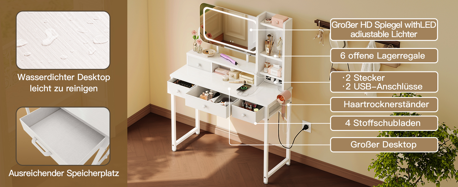 Трюмо ODK з регульованим LED-дзеркалом, туалетний столик з 4 висувними ящиками, USB-порт, білий колір, 100×40×140 см