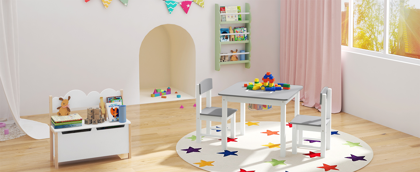Дитячий столик WOLTU з 2 стільцями, дитяча група сидіння з місцем для зберігання, група сидіння для дитячої кімнати, ігровий столик з двосторонньою платформою, сумісний з великими кубиками, білий/сірий