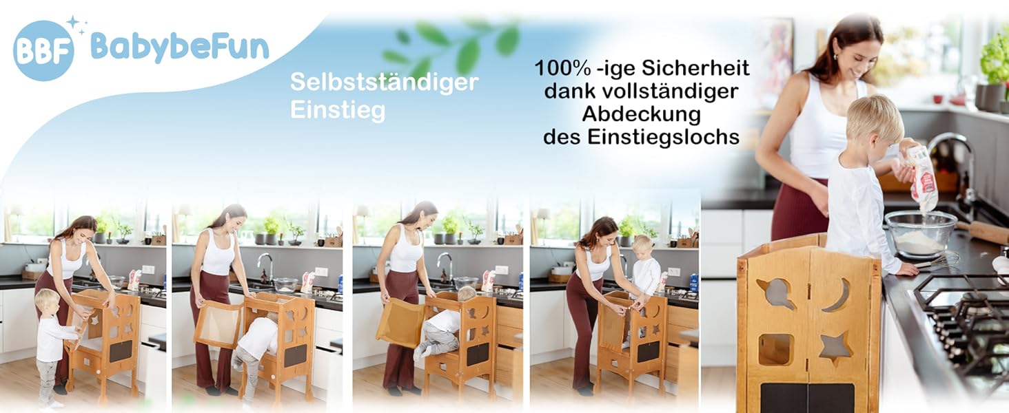 Дитячий навчальний столик-сходинка (1 рік+) з сіткою безпеки 360° - стабільний, масивний, з анти-кидкою, білий (натуральне дерево)