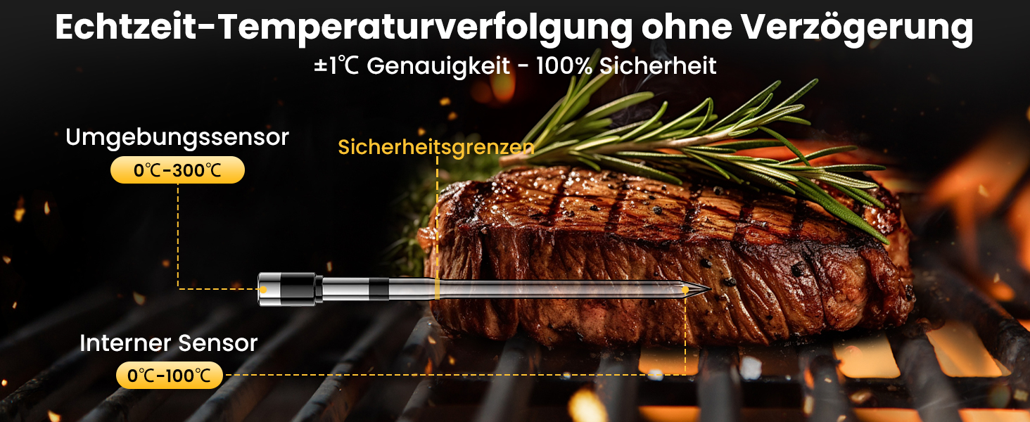 Бездротовий термометр для м'яса з Bluetooth, дальність до 240м, керування через додаток, до 24 години роботи, IP67, стійкий до миття в посудомийній машині та олії - для гриля, коптильні, ротатерія, духовки, фритюрниці