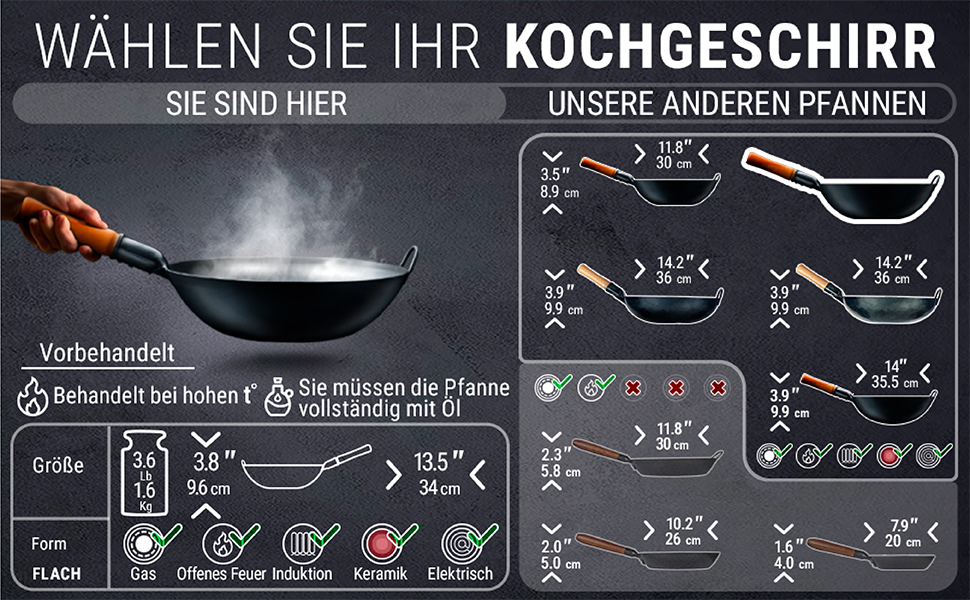 Вок YOSUKATA з вуглецевої сталі 34 см - попередньо обпалений, плоский, для індукційних та газових плит