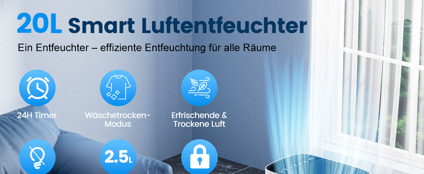 Електричний осушувач повітря 20л/день, високої продуктивності, з функцією сушіння білизни, таймером та системою відтавання, для приміщень до 200 м³/60 м², підходить для квартир, ванних кімнат, підвалів, гарантія 10 років