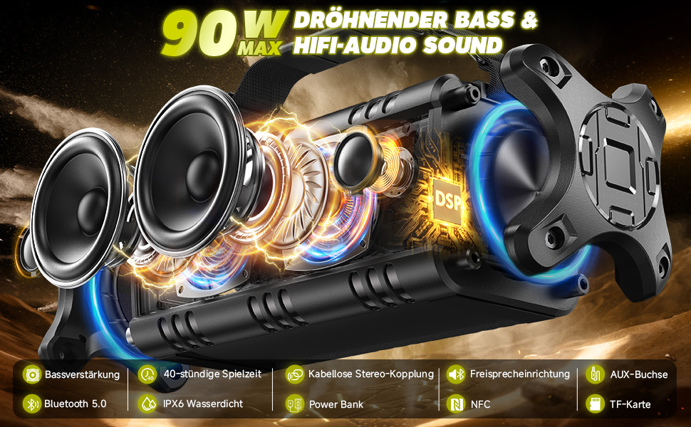 Портативна Bluetooth колонка W-KING 90W з глибоким басом, водонепроникна IPX6, Powerbank, AUX, TF, NFC, 40 годин роботи, EQ, чорно-біла