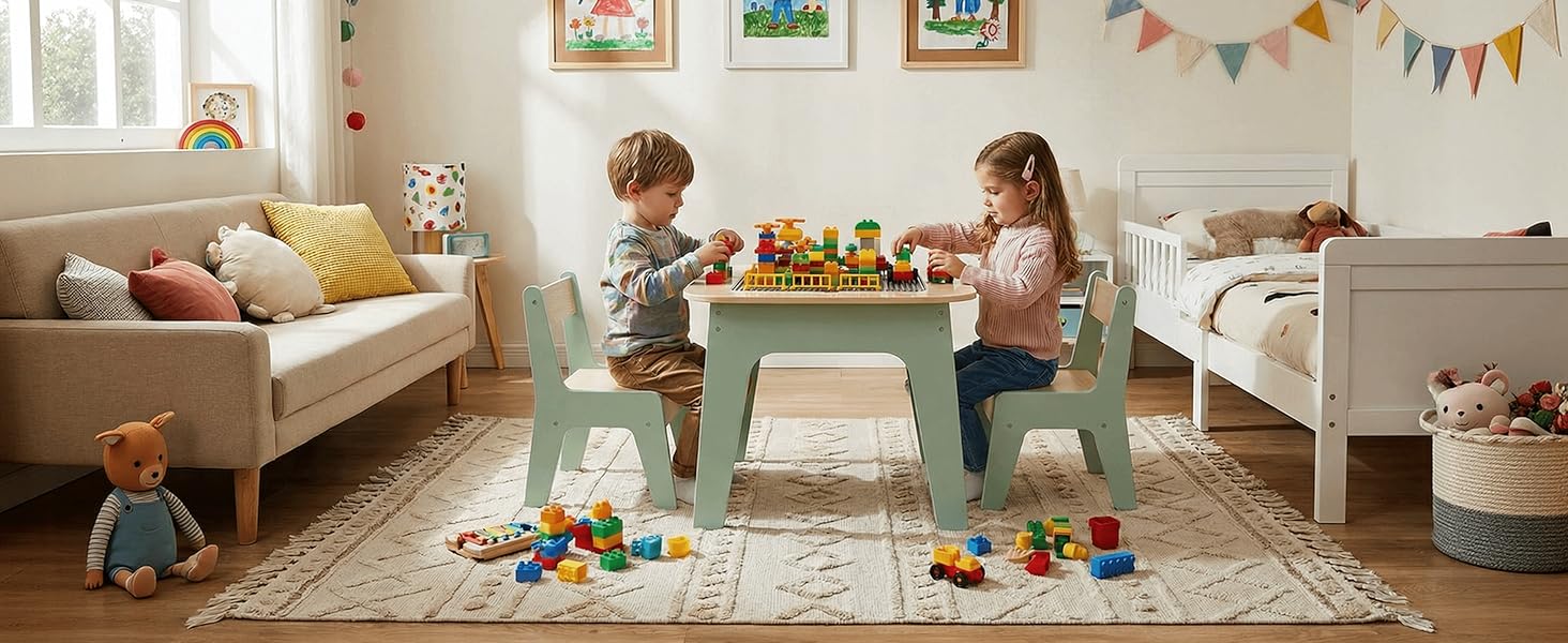 Дитячий стіл і стільці Clevich: комплект для дитячої кімнати з місцем для зберігання, 2 стільці, двосторонній стіл для малювання та будівельна пластина, зелений