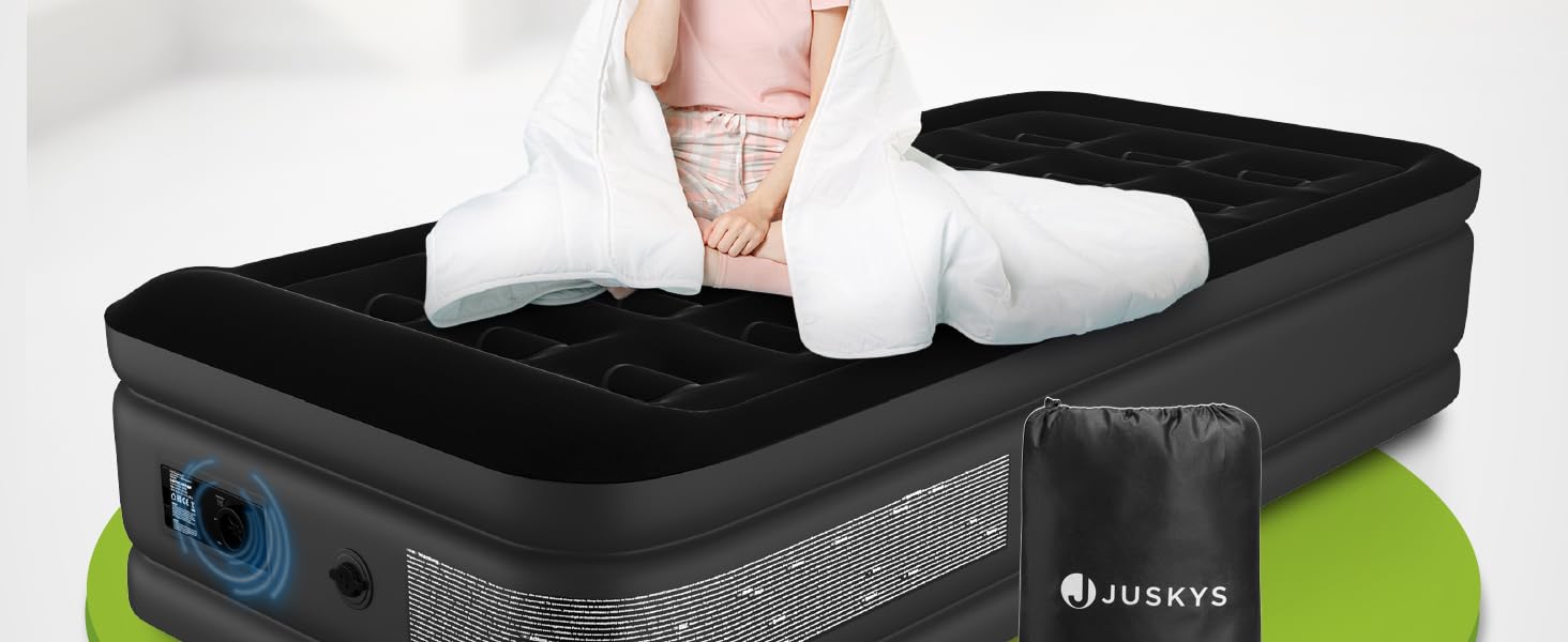 Надувний матрац Juskys самонадувний 150x200 см - 2-х місний з вбудованим насосом - ідеальний для гостей або кемпінгу - водонепроникний, блакитно-білий (чорний, одинарний)