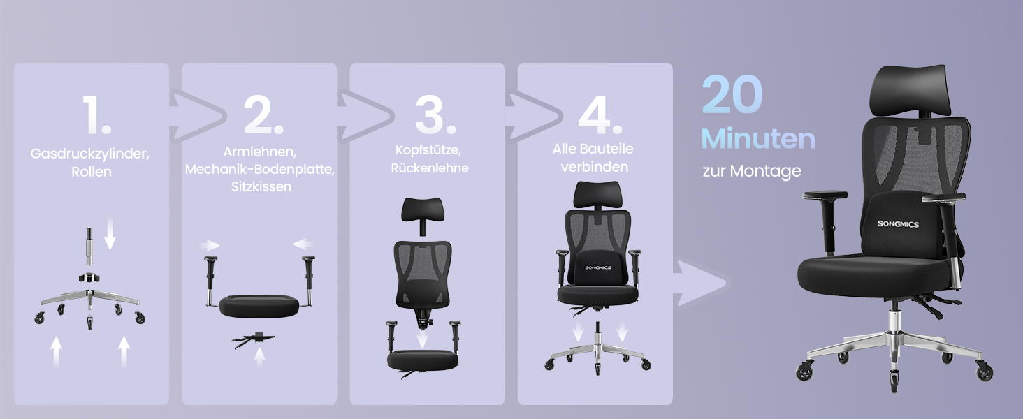Офісний стіл SONGMICS: ергономічне крісло з регульованою поперековою підтримкою, підголівником та підлокітниками, до 150 кг, чорний OBN067BH01