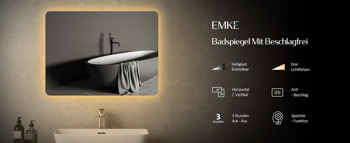 Дзеркало для ванної кімнати EMKE з підсвічуванням 40x60 см, антизапар, 2 кольори світла (тепле/холодне), вимикач-клавіша, IP44, енергозберігаюче, захищене від вибуху