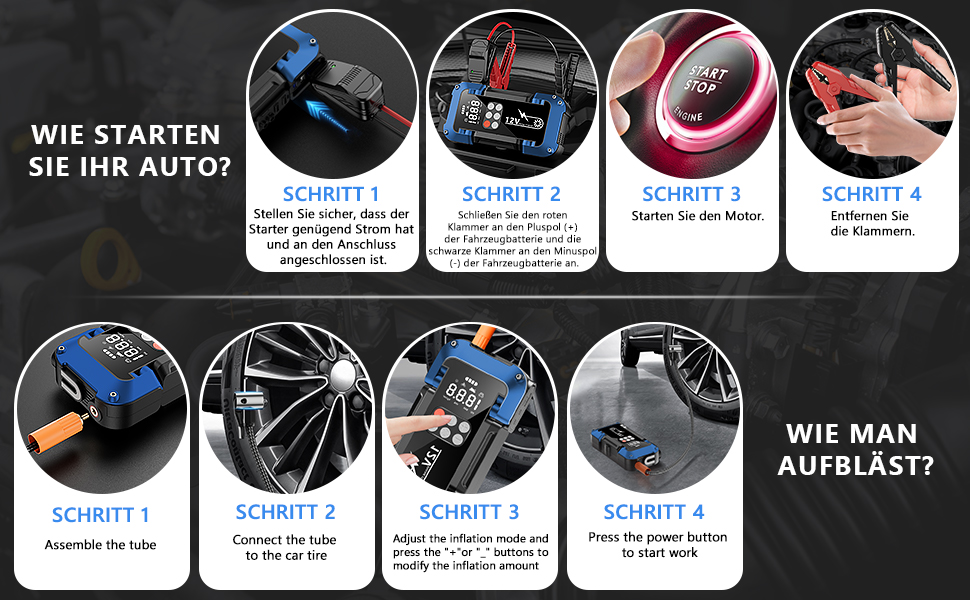 Портативний пусковий пристрій Starthilfe Powerbank з компресором 150PSI, 4000A, 12V для автомобілів та 8.0L дизель, 26800mAh, 4-в-1 з LED-ліхтариком та LCD дисплеєм