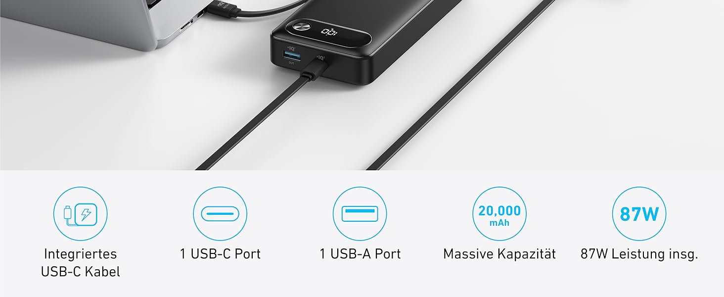 Портативний зарядний пристрій на 20 000 мАг із вбудованим кабелем USB-C, акумулятор для швидкої зарядки потужністю 87 Вт, 2 USB-C та 1 USB-A, для MacBook, iPhone серії 15/14, Samsung, Switch та інших Чорний