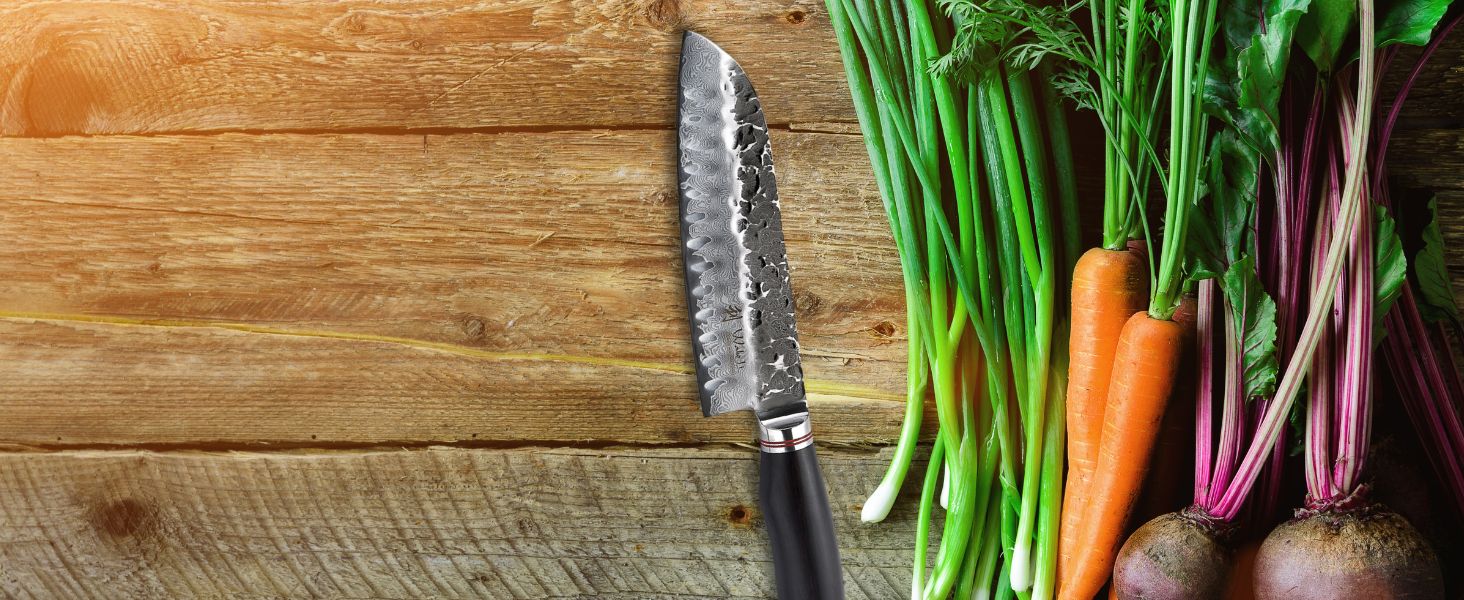 Японський ніж Santoku Wakoli EBO з дамаської сталі (серцевина VG10), 17,5 см - гострий ніж для кухні та приготування їжі, преміум-якість, з дерев'яною ручкою з дуба, у подарунковій коробці