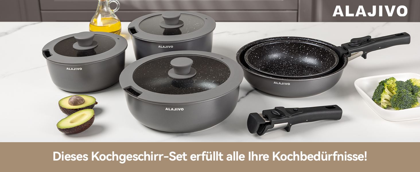 Набір посуду 17 частин з знімним ручками, антипригарне покриття, для всіх типів плит, включаючи індукційні, сумісний з духовкою (сірий)