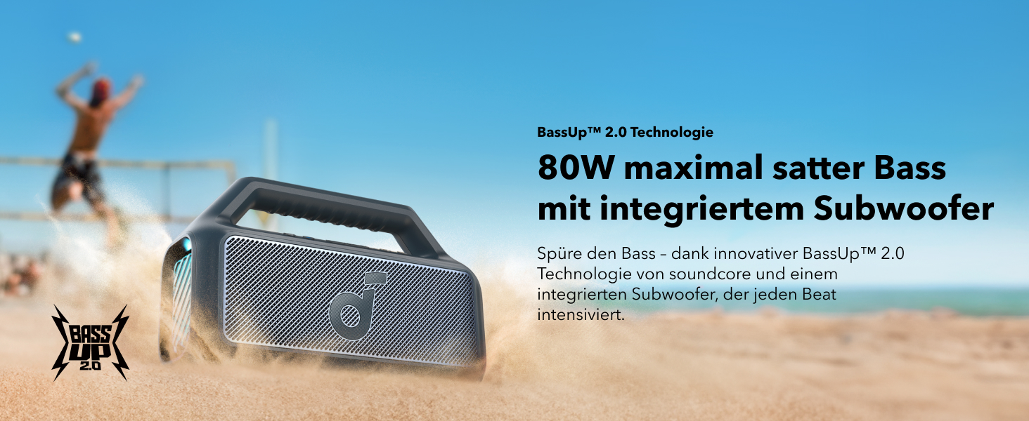 Soundcore Boom 2 - портативна Bluetooth колонка, 80W, сабвуфер, BassUp 2.0, 24h, IPX7, LED, USB-C, EQ, BT 5.3, для кемпінгу, пляжу, саду (блакитна)