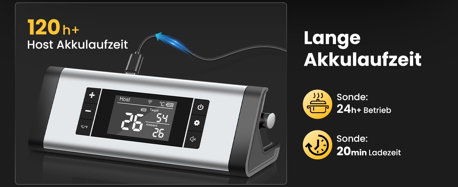 Бездротовий термометр для м'яса з Bluetooth, дальність до 240м, керування через додаток, до 24 години роботи, IP67, стійкий до миття в посудомийній машині та олії - для гриля, коптильні, ротатерія, духовки, фритюрниці