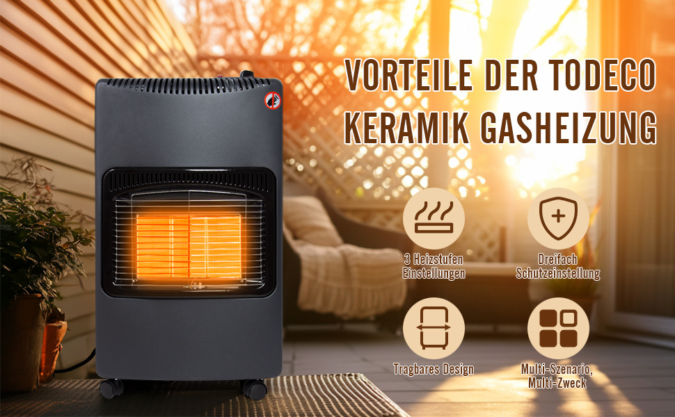 Газовий обігрівач Todeco 4200W з керамічним нагрівачем, чорний колір, 3 режими нагріву, з регулятором тиску, шлангом, для балконів та добре провітрюваних приміщень